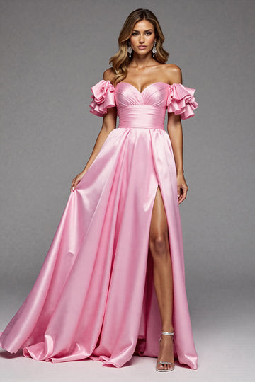 Off The Shoulder Ruffled A Line Pink Prom Dress